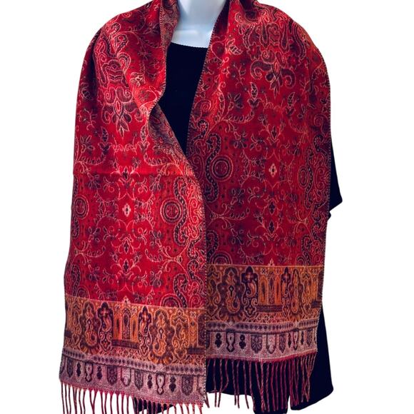 Vintage 90's Soft Red Boho Print Winter Scarf / Wrap - Picture 1 of 5